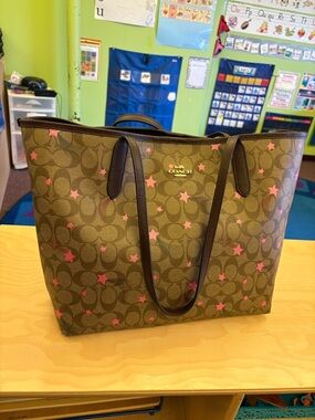 Coach Brown Signature Tote with Pink Star Print